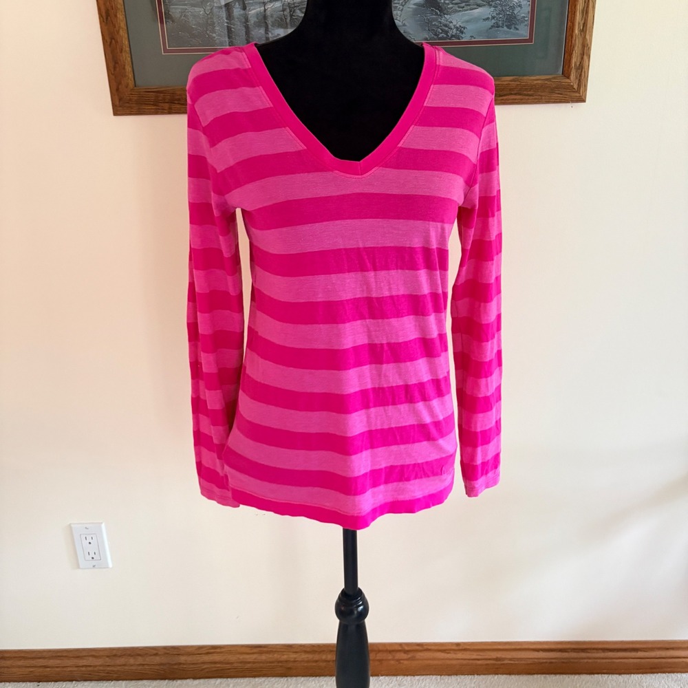 The North Face Striped V-Neck T-Shirt Womens Small Pink Long Sleeve Cotton Blend